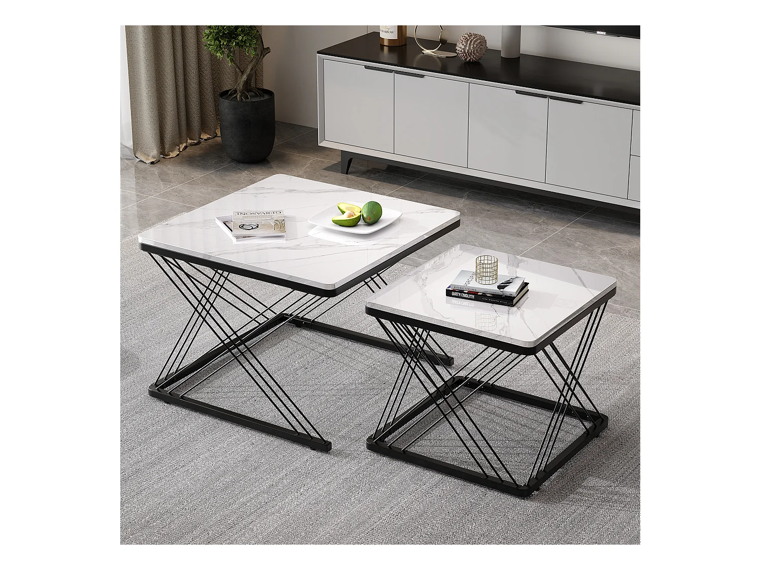 Set de tables basses 2 pièces, design élégant, finition effet marbre brillant, pieds réglables, capacité de charge jusqu'à 30 kg