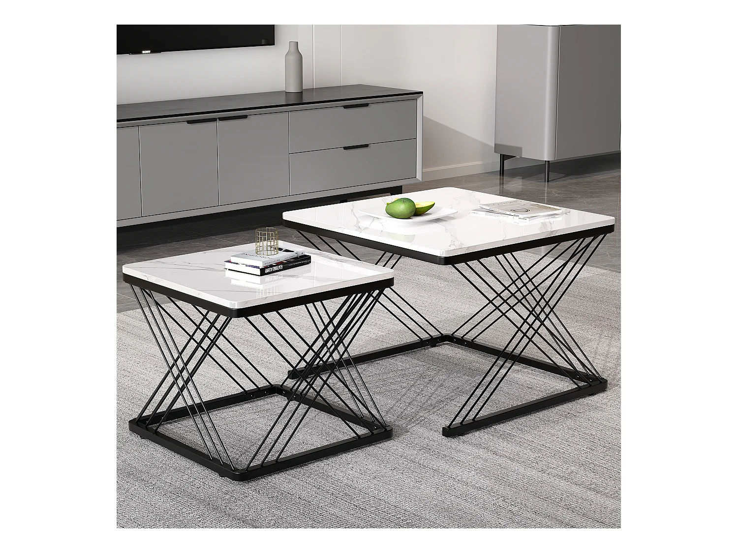 Set de tables basses 2 pièces, design élégant, finition effet marbre brillant, pieds réglables, capacité de charge jusqu'à 30 kg