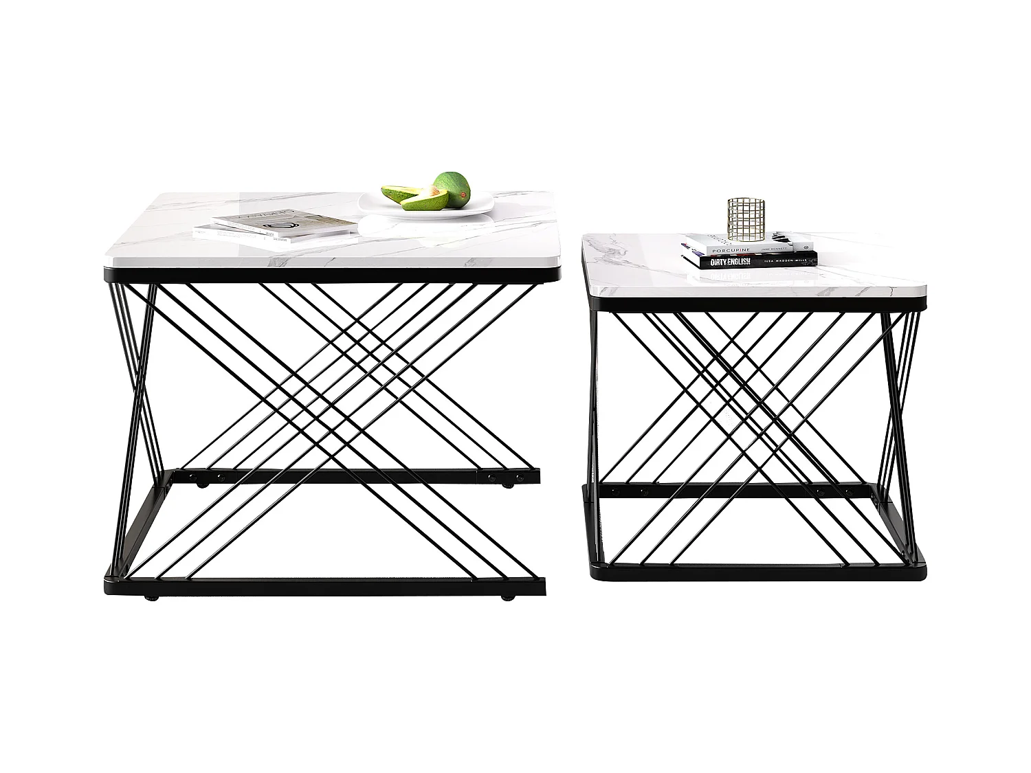 Set de tables basses 2 pièces, design élégant, finition effet marbre brillant, pieds réglables, capacité de charge jusqu'à 30 kg