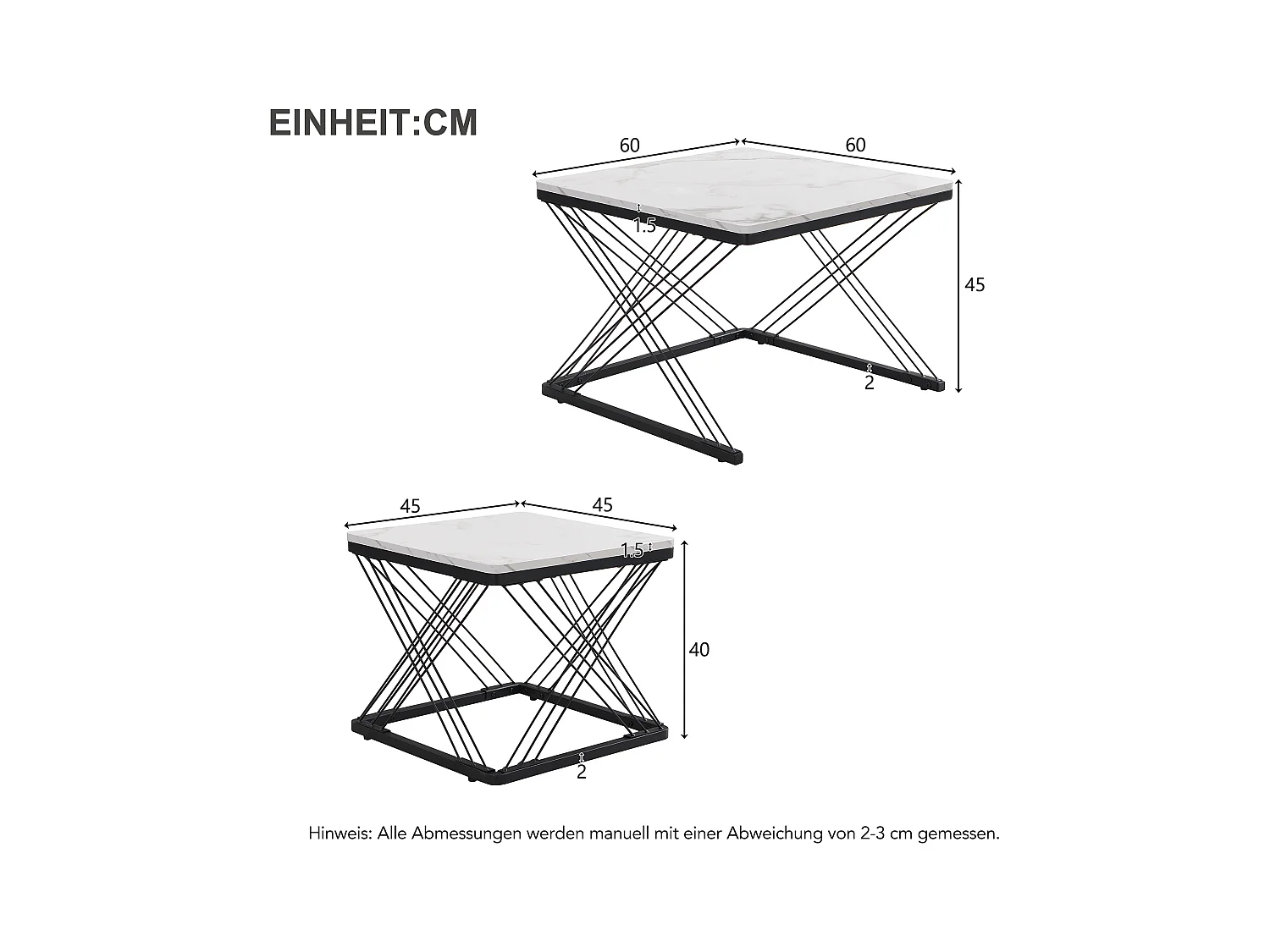 Set de tables basses 2 pièces, design élégant, finition effet marbre brillant, pieds réglables, capacité de charge jusqu'à 30 kg