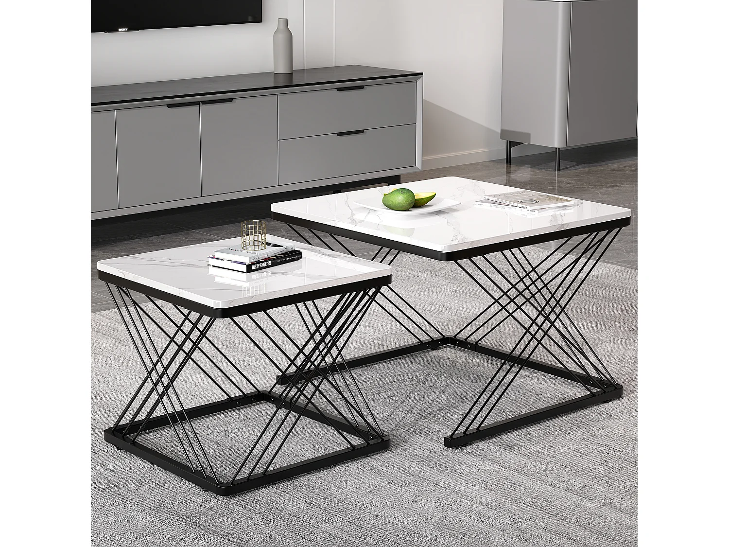 Set de tables basses 2 pièces, design élégant, finition effet marbre brillant, pieds réglables, capacité de charge jusqu'à 30 kg