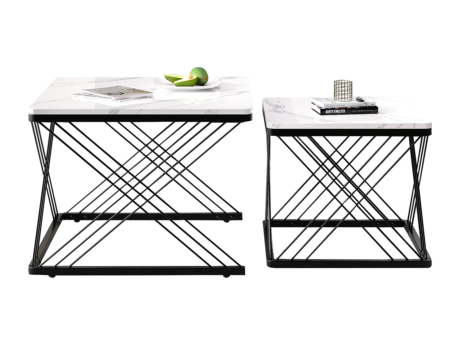 Set de tables basses 2 pièces, design élégant, finition effet marbre brillant, pieds réglables, capacité de charge jusqu'à 30 kg