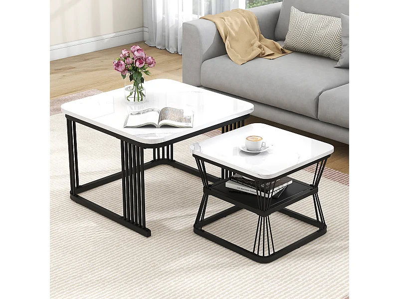Ensemble de 2 tables d'appoint modernes, MDF avec finition effet marbre, cadre en acier blanc brillant et noir