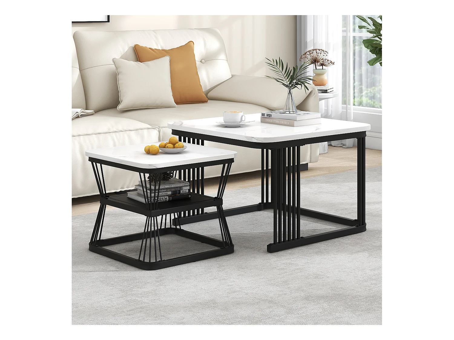 Ensemble de 2 tables d'appoint modernes, MDF avec finition effet marbre, cadre en acier blanc brillant et noir