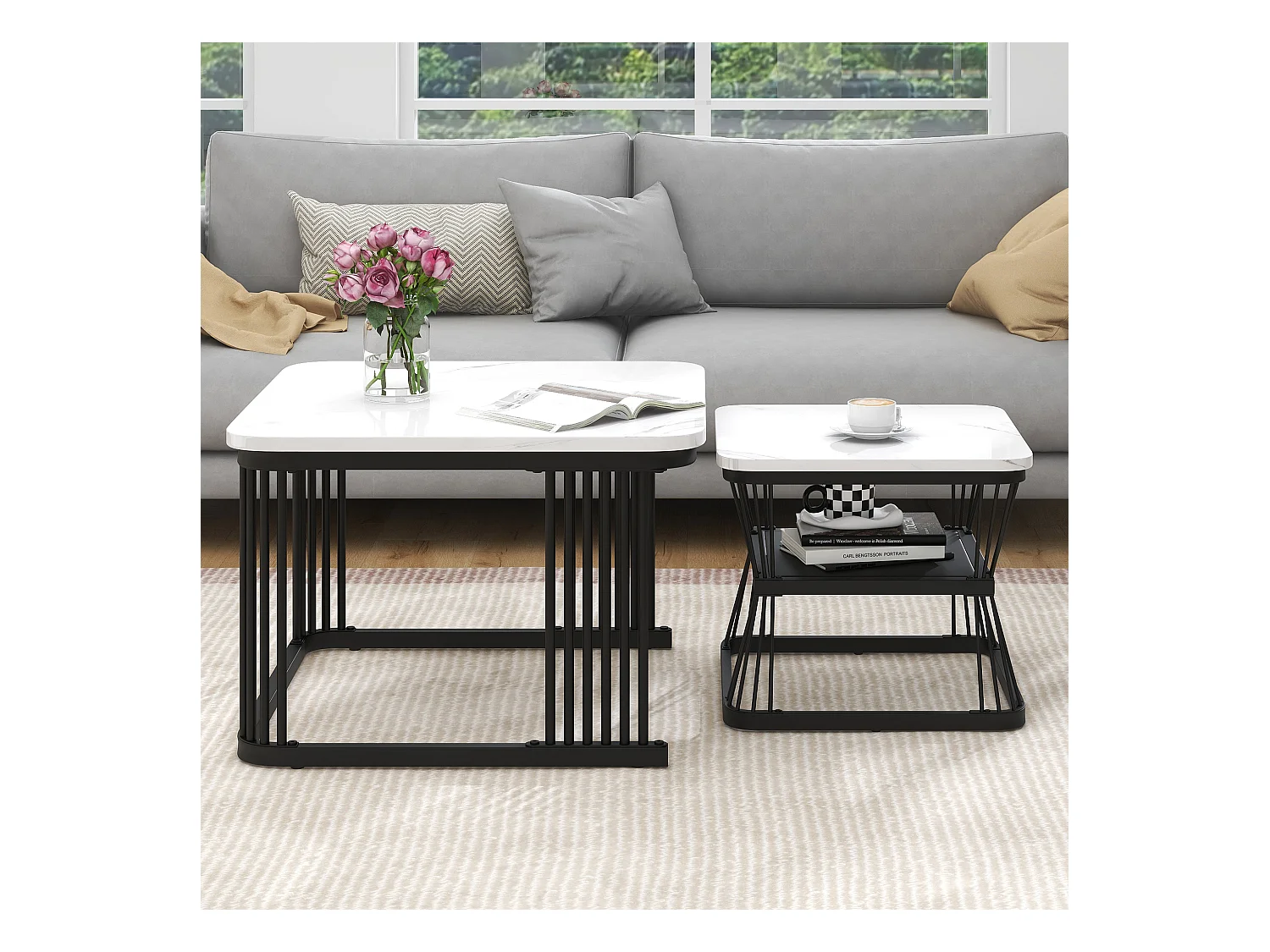 Ensemble de 2 tables d'appoint modernes, MDF avec finition effet marbre, cadre en acier blanc brillant et noir