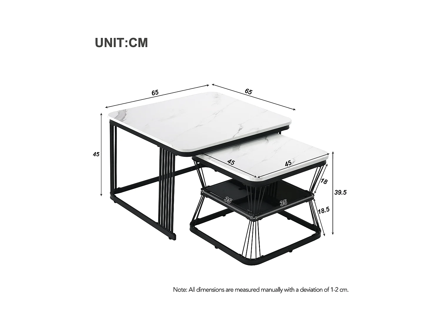 Ensemble de 2 tables d'appoint modernes, MDF avec finition effet marbre, cadre en acier blanc brillant et noir