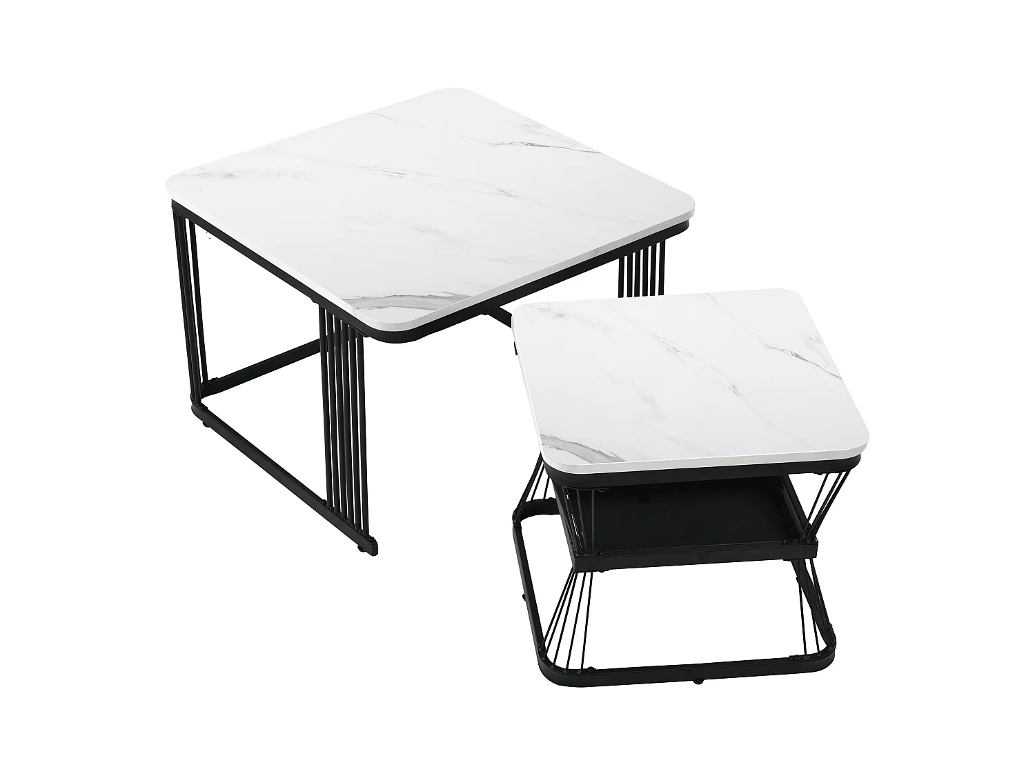 Ensemble de 2 tables d'appoint modernes, MDF avec finition effet marbre, cadre en acier blanc brillant et noir