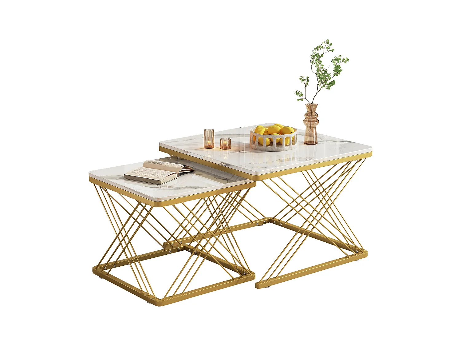 Set de tables basses 2 pièces, design élégant, finition effet marbre brillant, pieds réglables en hauteur, capacité de charge jusqu'à 30 kg