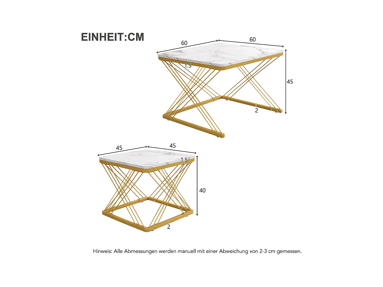 Set de tables basses 2 pièces, design élégant, finition effet marbre brillant, pieds réglables en hauteur, capacité de charge jusqu'à 30 kg