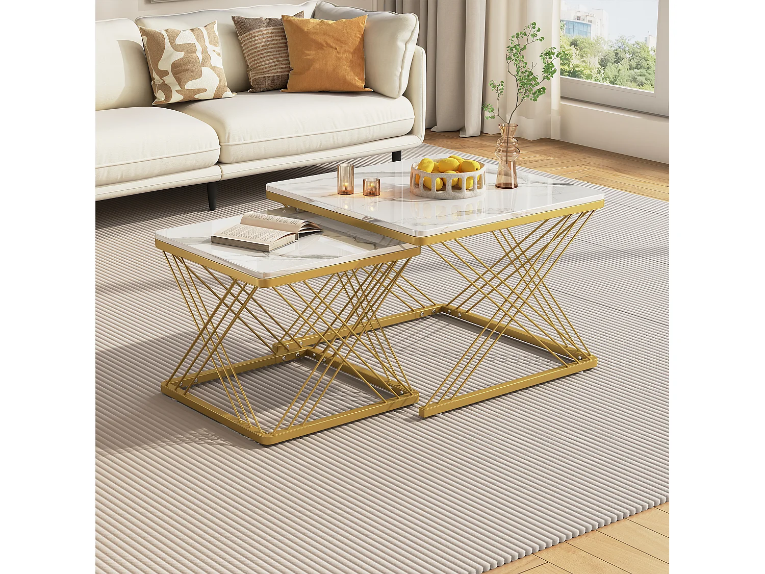 Set de tables basses 2 pièces, design élégant, finition effet marbre brillant, pieds réglables en hauteur, capacité de charge jusqu'à 30 kg