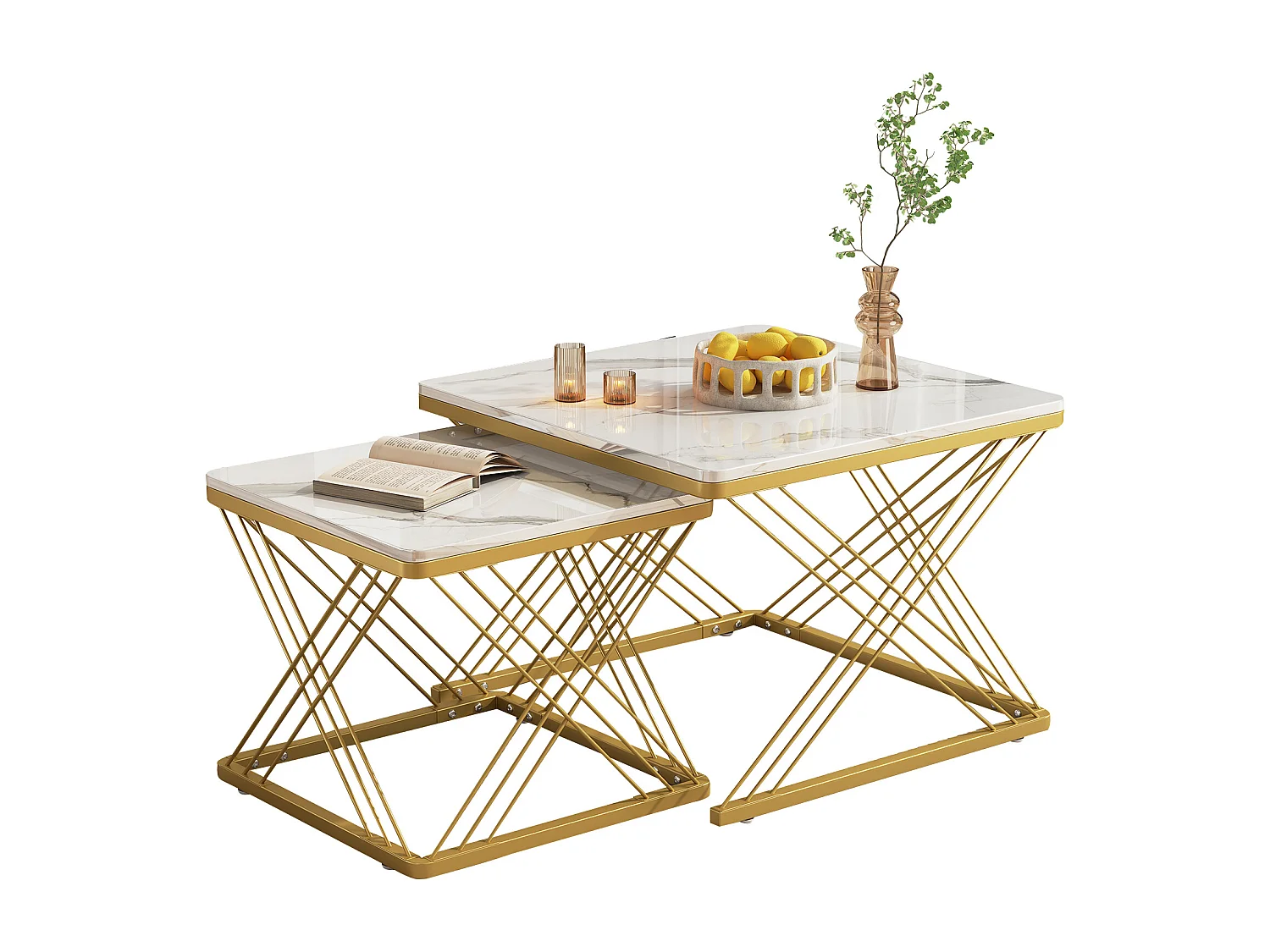 Set de tables basses 2 pièces, design élégant, finition effet marbre brillant, pieds réglables en hauteur, capacité de charge jusqu'à 30 kg