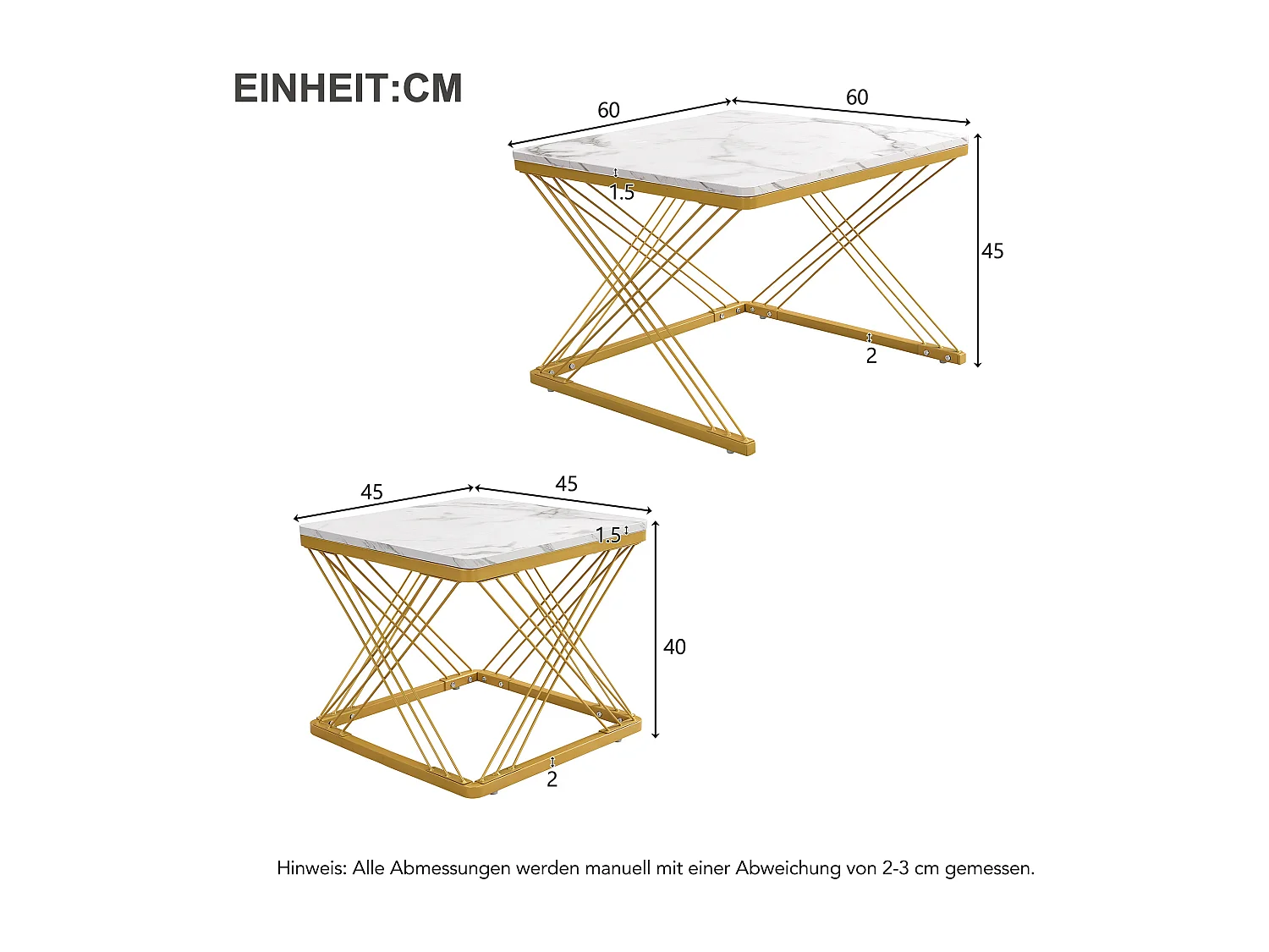 Set de tables basses 2 pièces, design élégant, finition effet marbre brillant, pieds réglables en hauteur, capacité de charge jusqu'à 30 kg