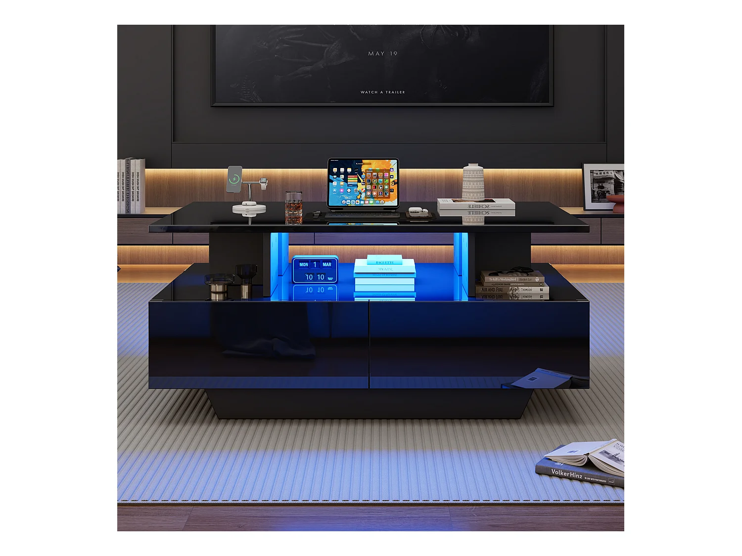 Table basse moderne haute brillance avec LED et 2 tiroirs, 90×55×41 cm, espace de rangement, capacité max 30 kg, design stylé.