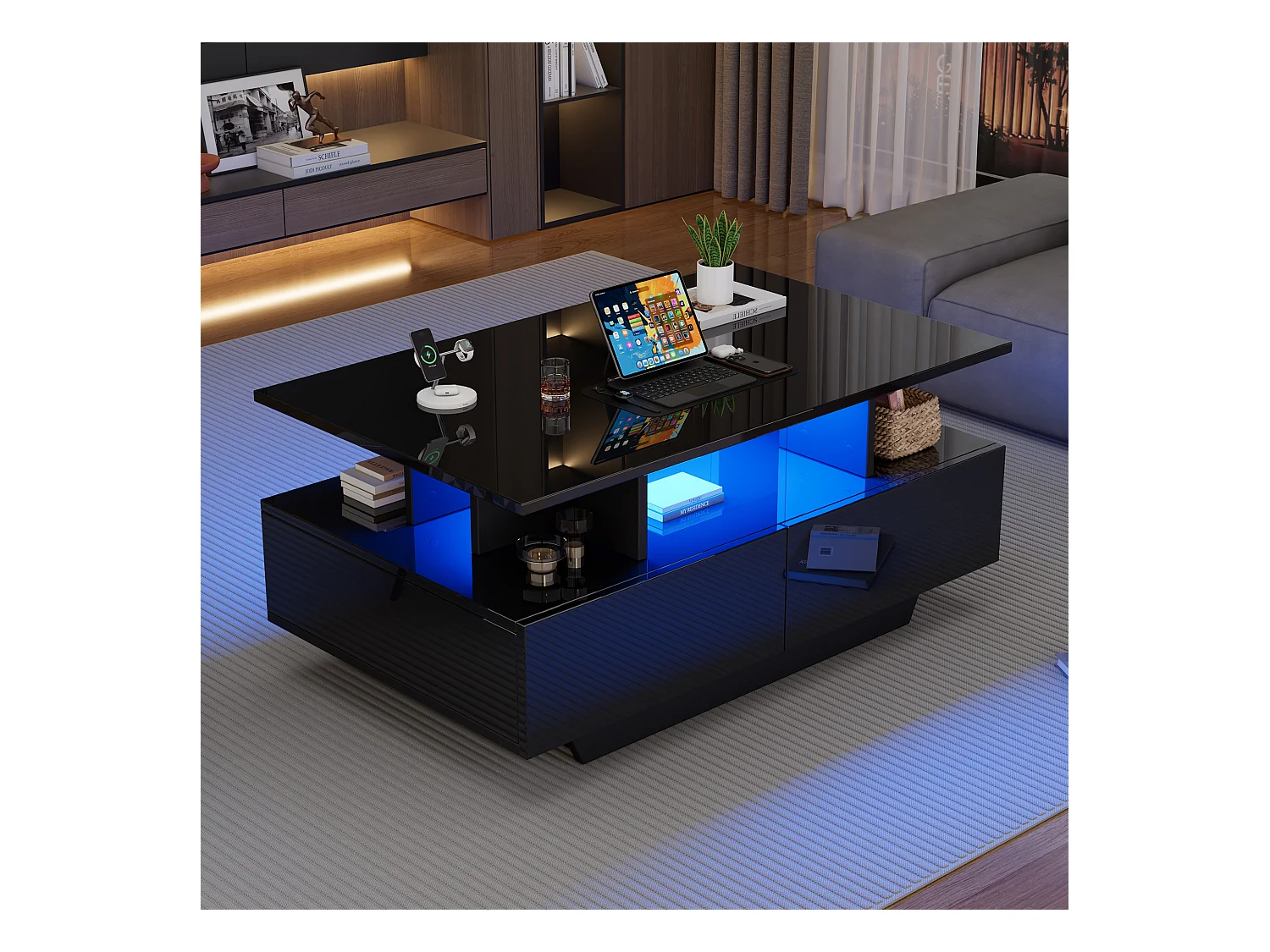 Table basse moderne haute brillance avec LED et 2 tiroirs, 90×55×41 cm, espace de rangement, capacité max 30 kg, design stylé.