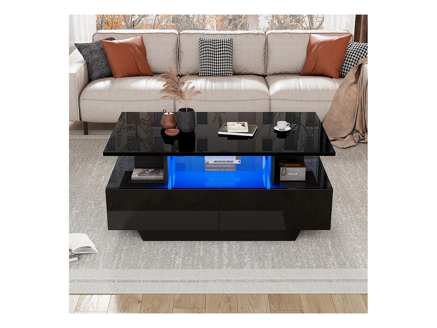 Table basse moderne haute brillance avec LED et 2 tiroirs, 90×55×41 cm, espace de rangement, capacité max 30 kg, design stylé.