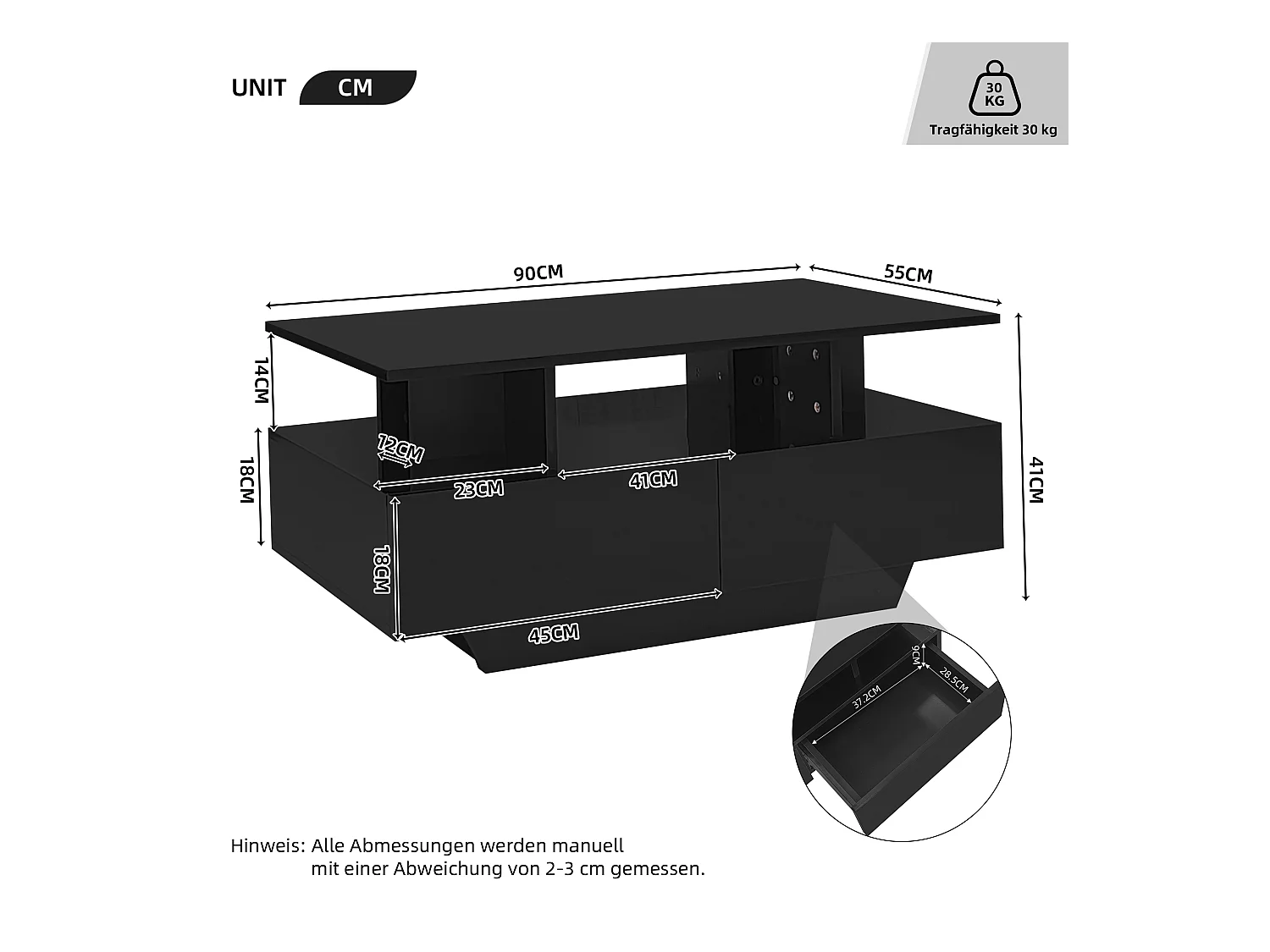 Table basse moderne haute brillance avec LED et 2 tiroirs, 90×55×41 cm, espace de rangement, capacité max 30 kg, design stylé.