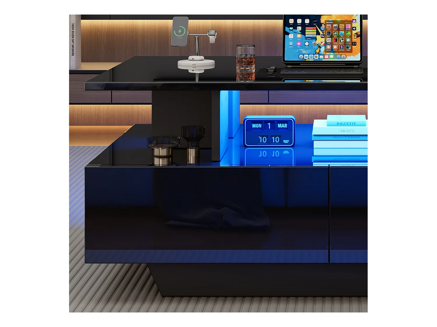 Table basse moderne haute brillance avec LED et 2 tiroirs, 90×55×41 cm, espace de rangement, capacité max 30 kg, design stylé.