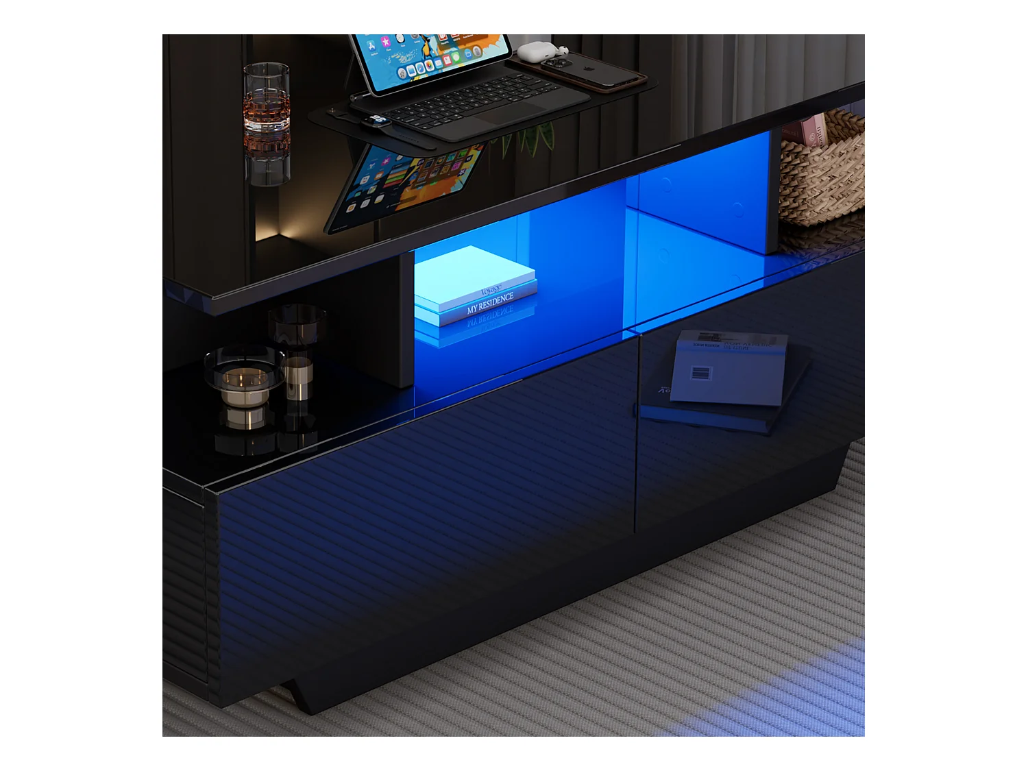 Table basse moderne haute brillance avec LED et 2 tiroirs, 90×55×41 cm, espace de rangement, capacité max 30 kg, design stylé.