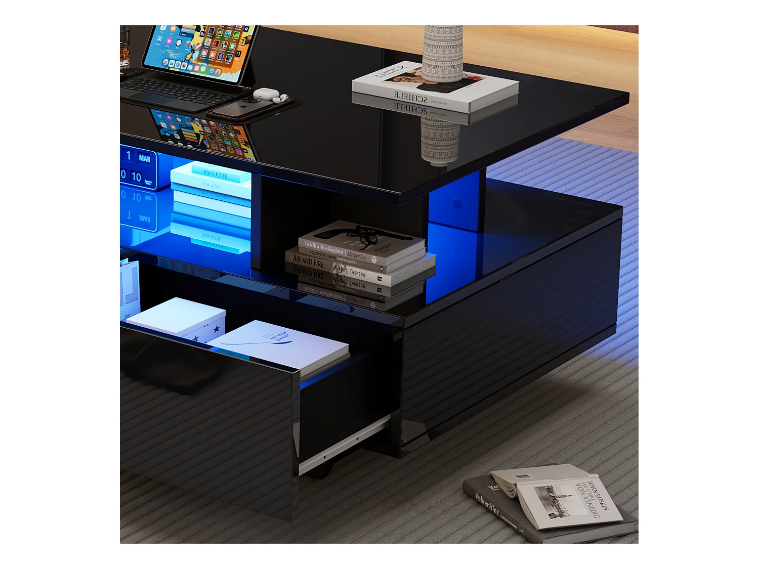 Table basse moderne haute brillance avec LED et 2 tiroirs, 90×55×41 cm, espace de rangement, capacité max 30 kg, design stylé.