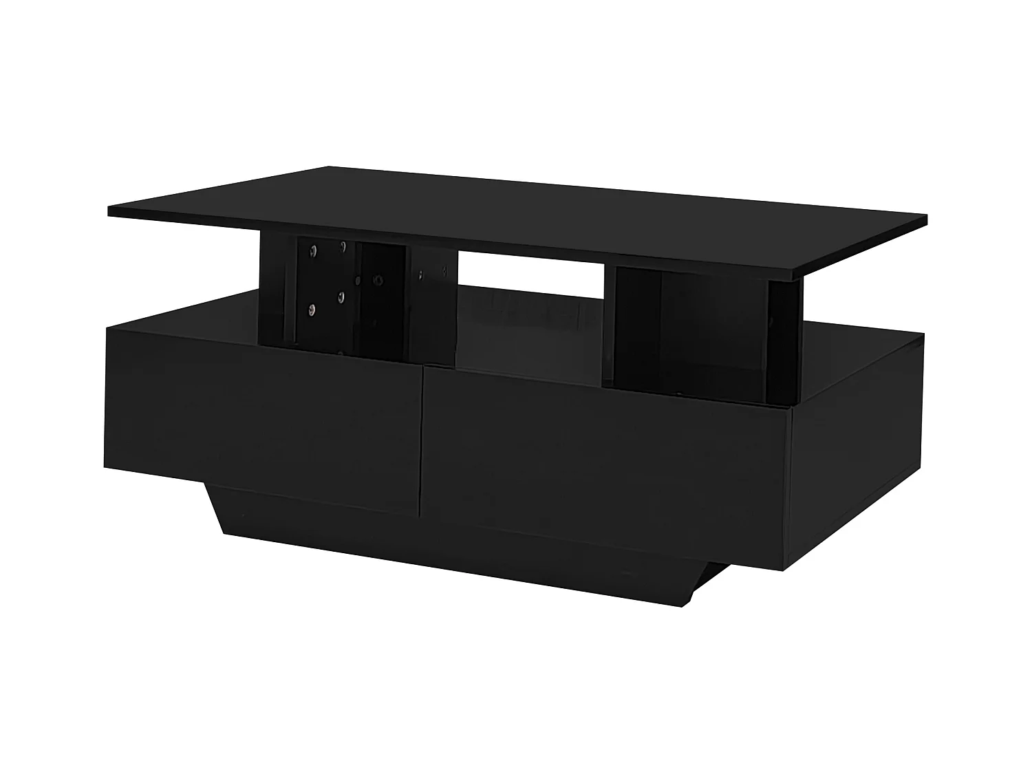 Table basse moderne haute brillance avec LED et 2 tiroirs, 90×55×41 cm, espace de rangement, capacité max 30 kg, design stylé.