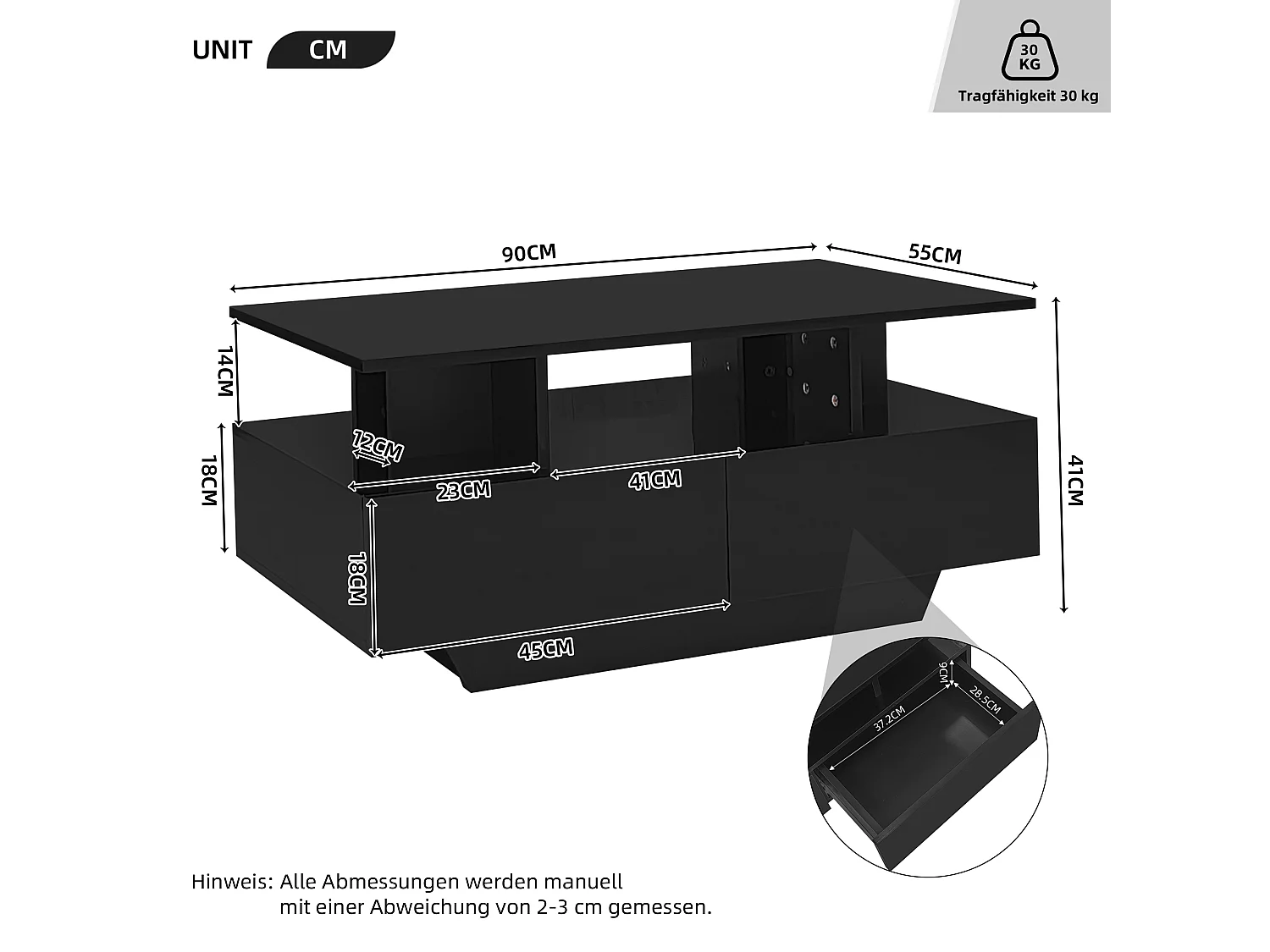 Table basse moderne haute brillance avec LED et 2 tiroirs, 90×55×41 cm, espace de rangement, capacité max 30 kg, design stylé.