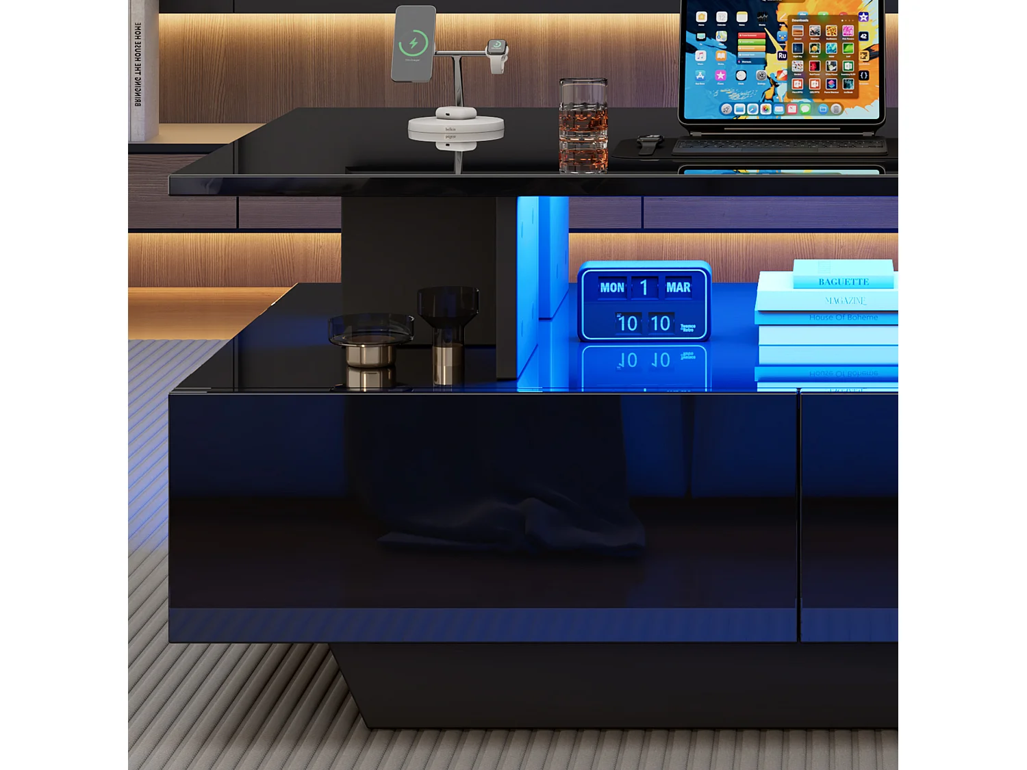 Table basse moderne haute brillance avec LED et 2 tiroirs, 90×55×41 cm, espace de rangement, capacité max 30 kg, design stylé.