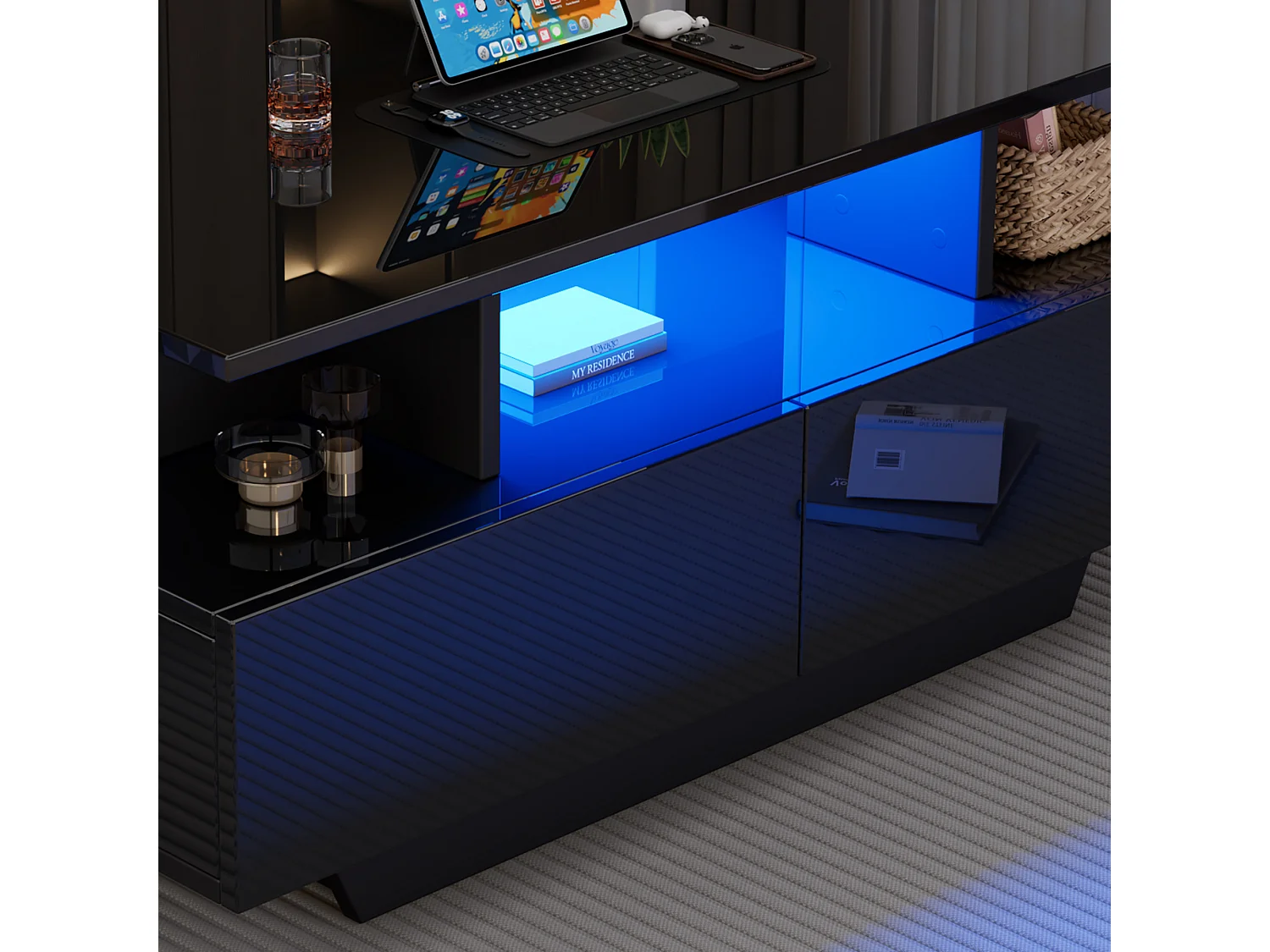 Table basse moderne haute brillance avec LED et 2 tiroirs, 90×55×41 cm, espace de rangement, capacité max 30 kg, design stylé.