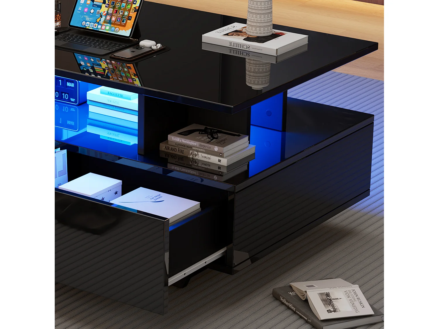 Table basse moderne haute brillance avec LED et 2 tiroirs, 90×55×41 cm, espace de rangement, capacité max 30 kg, design stylé.