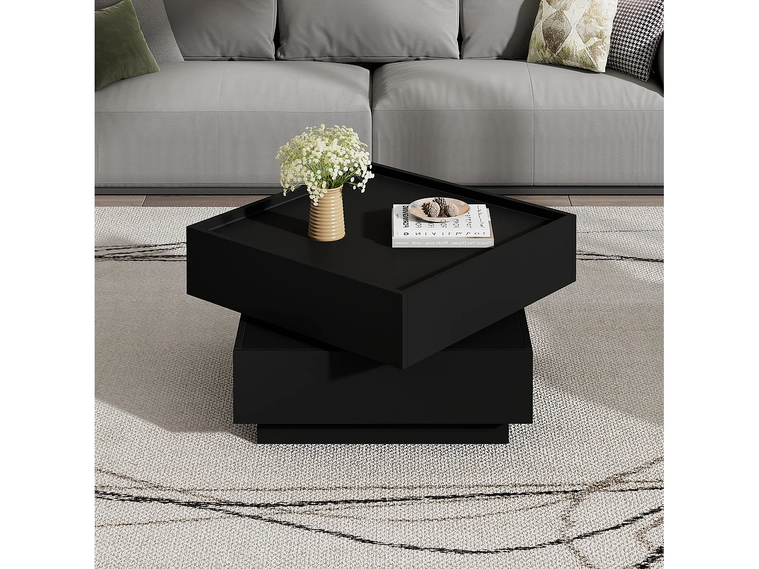 Table basse fonctionnelle pour le salon, rotative à 360°, avec plateau pivotant, 2 étagères et espace de rangement, structure Noir