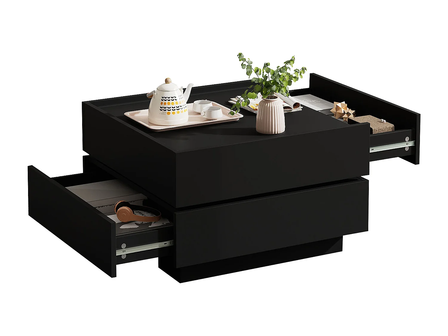 Table basse fonctionnelle pour le salon, rotative à 360°, avec plateau pivotant, 2 étagères et espace de rangement, structure Noir