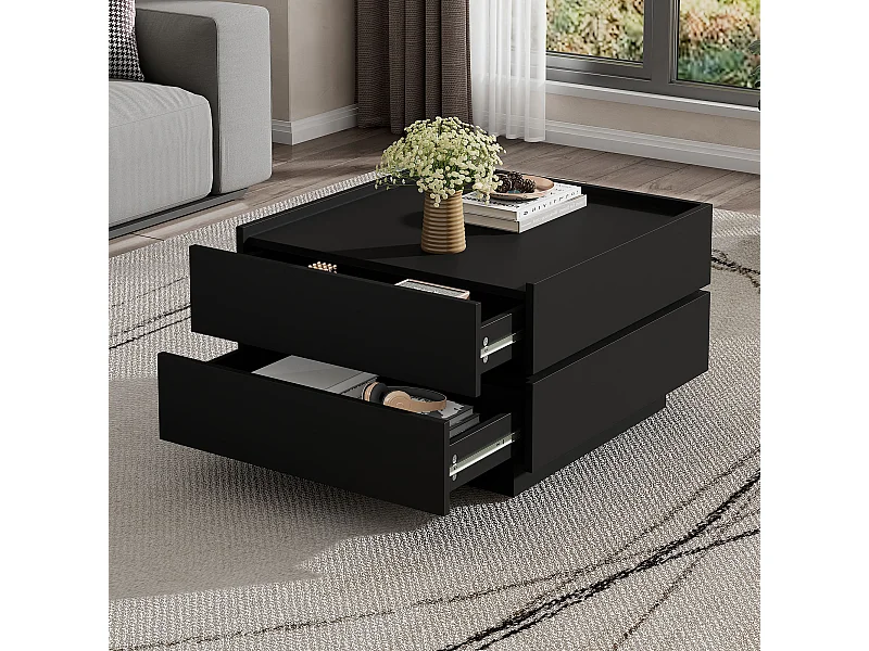 Table basse fonctionnelle pour le salon, rotative à 360°, avec plateau pivotant, 2 étagères et espace de rangement, structure Noir