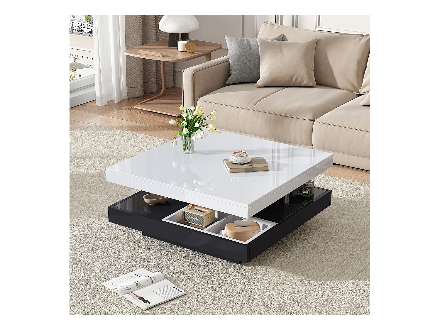 Table basse fonctionnelle 70×70×36 cm, haute brillance, rotative 360°, 2 plateaux avec compartiment de rangement, blanc et noir.
