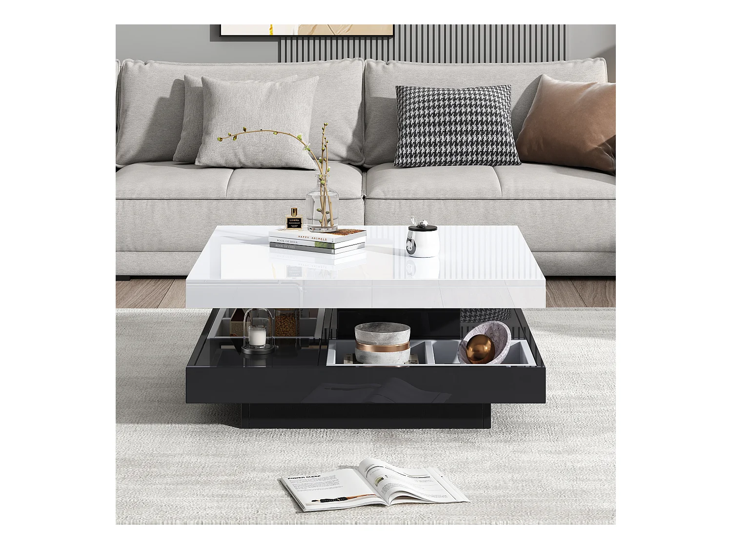 Table basse fonctionnelle 70×70×36 cm, haute brillance, rotative 360°, 2 plateaux avec compartiment de rangement, blanc et noir.