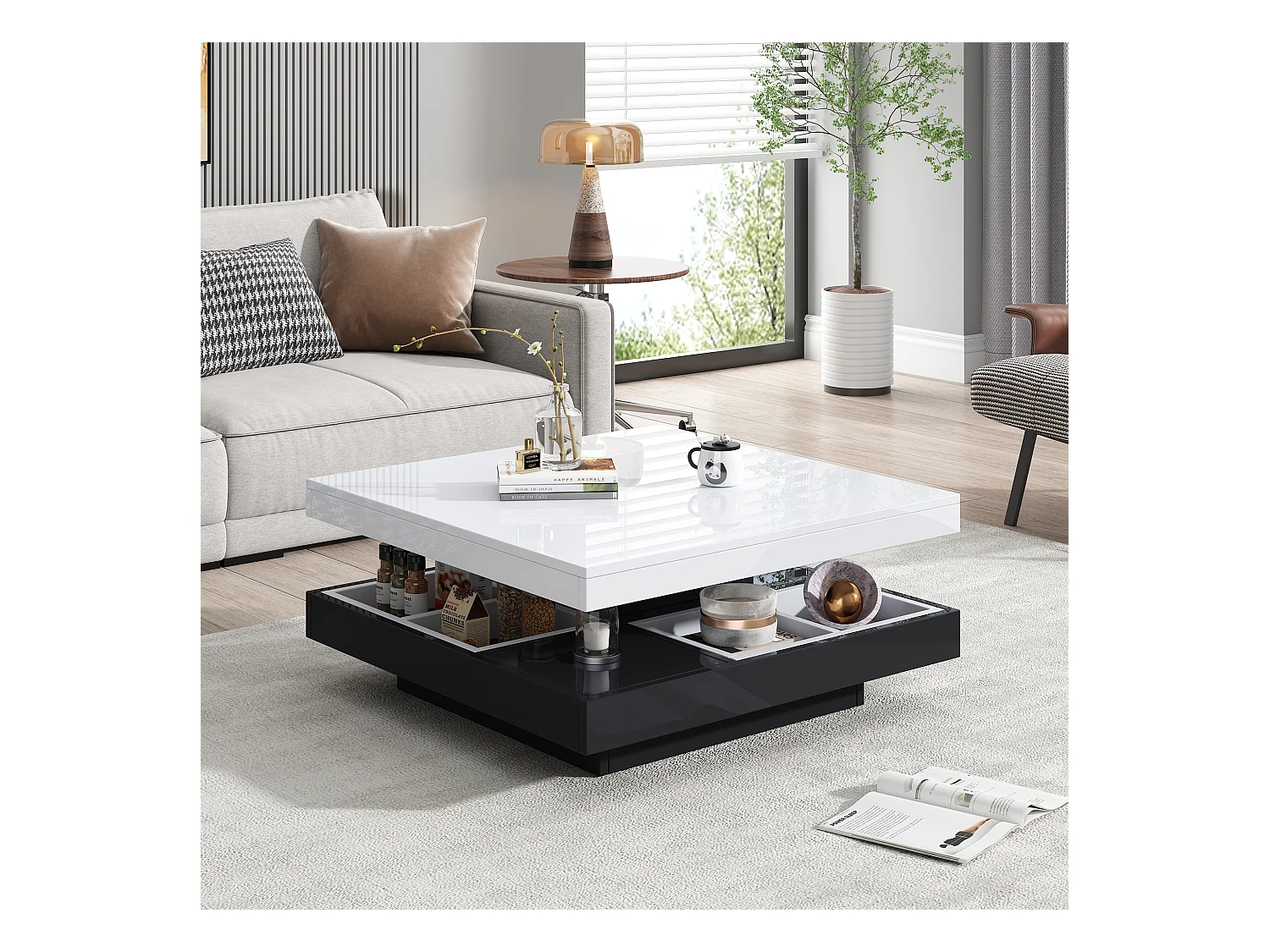 Table basse fonctionnelle 70×70×36 cm, haute brillance, rotative 360°, 2 plateaux avec compartiment de rangement, blanc et noir.