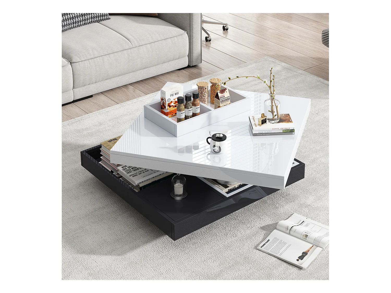 Table basse fonctionnelle 70×70×36 cm, haute brillance, rotative 360°, 2 plateaux avec compartiment de rangement, blanc et noir.