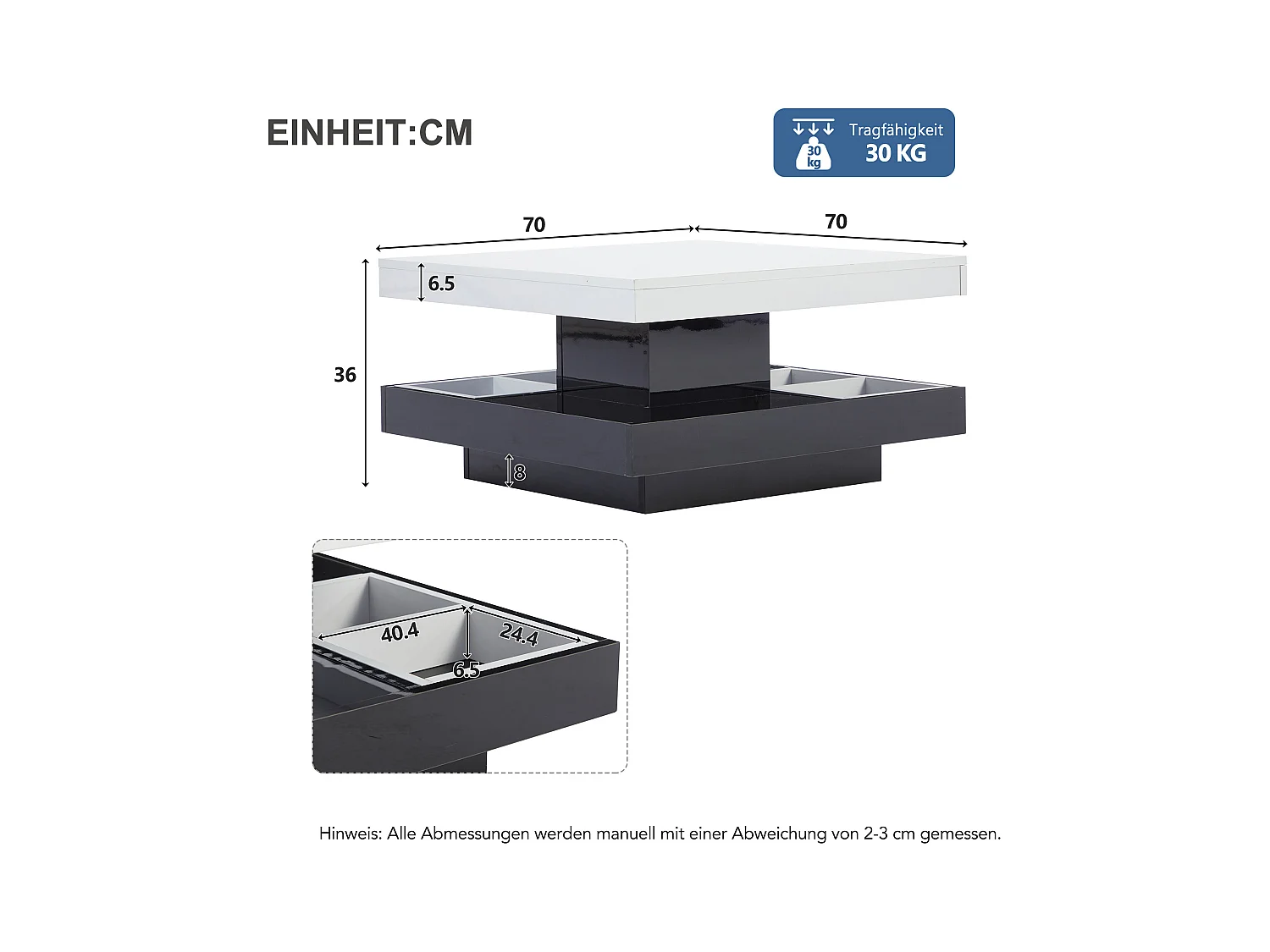 Table basse fonctionnelle 70×70×36 cm, haute brillance, rotative 360°, 2 plateaux avec compartiment de rangement, blanc et noir.
