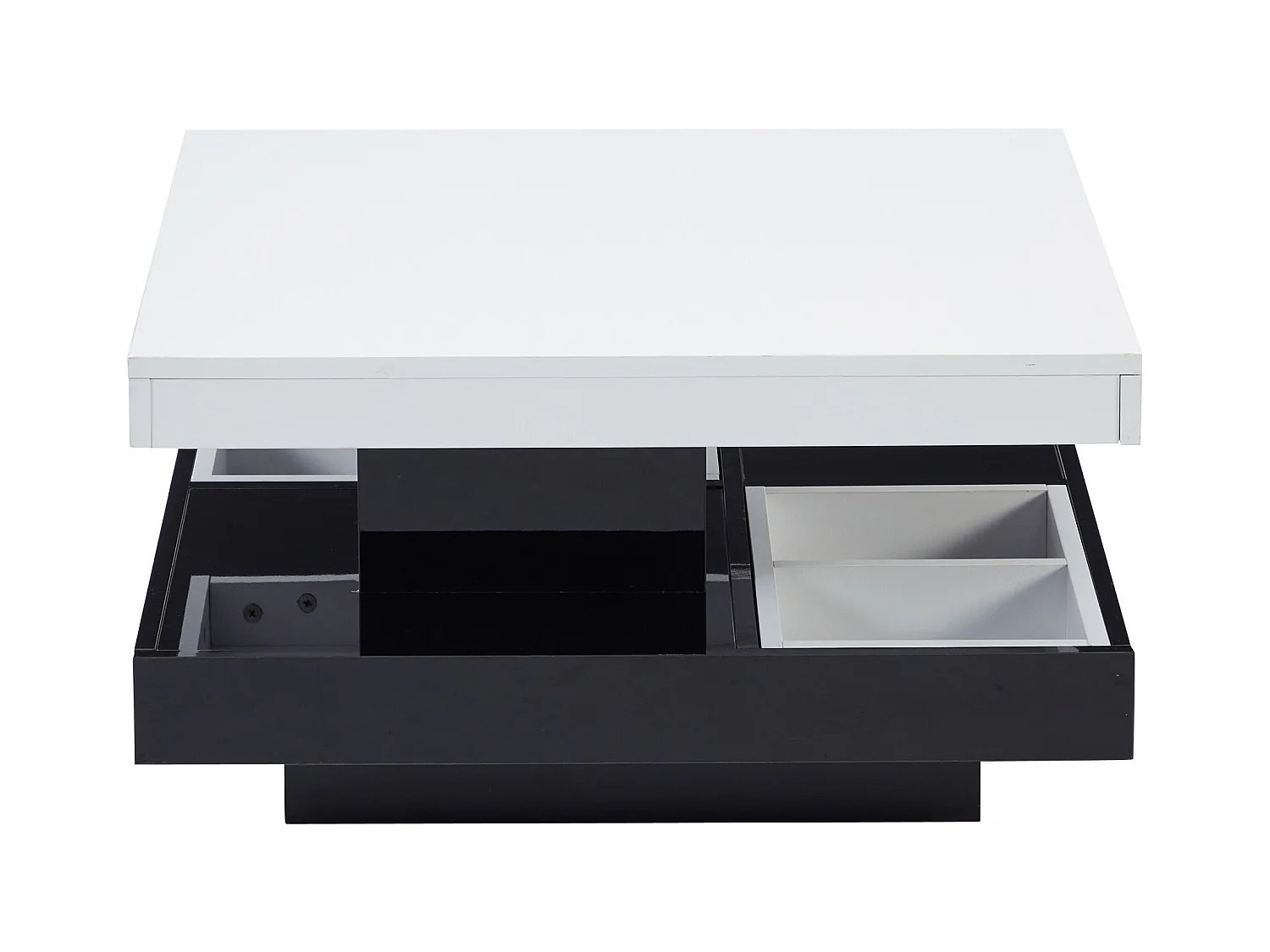 Table basse fonctionnelle 70×70×36 cm, haute brillance, rotative 360°, 2 plateaux avec compartiment de rangement, blanc et noir.