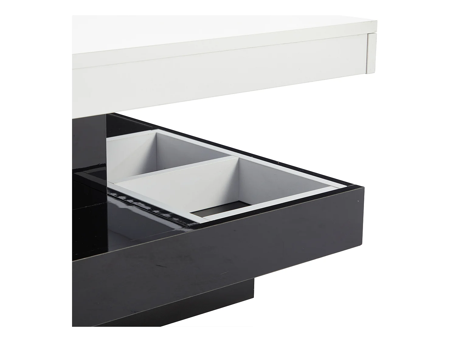 Table basse fonctionnelle 70×70×36 cm, haute brillance, rotative 360°, 2 plateaux avec compartiment de rangement, blanc et noir.