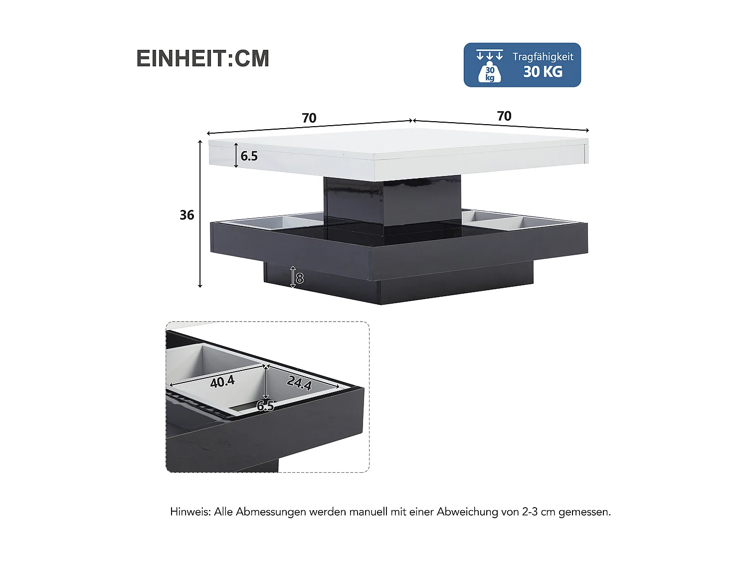 Table basse fonctionnelle 70×70×36 cm, haute brillance, rotative 360°, 2 plateaux avec compartiment de rangement, blanc et noir.