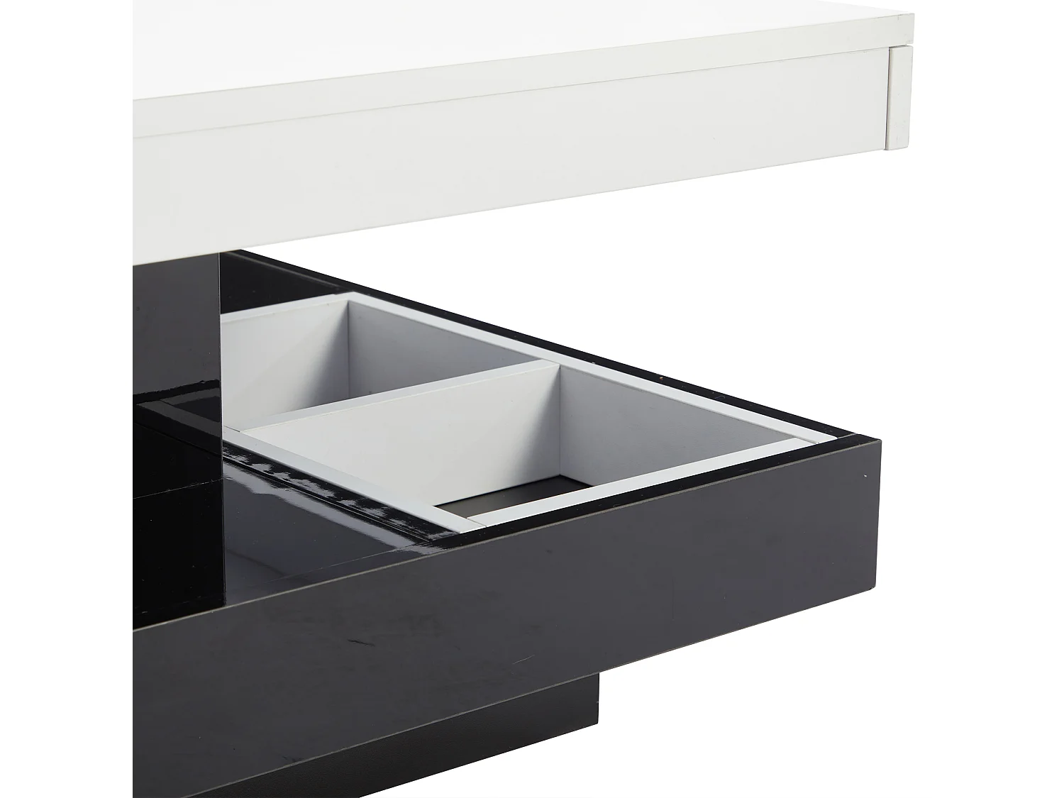 Table basse fonctionnelle 70×70×36 cm, haute brillance, rotative 360°, 2 plateaux avec compartiment de rangement, blanc et noir.