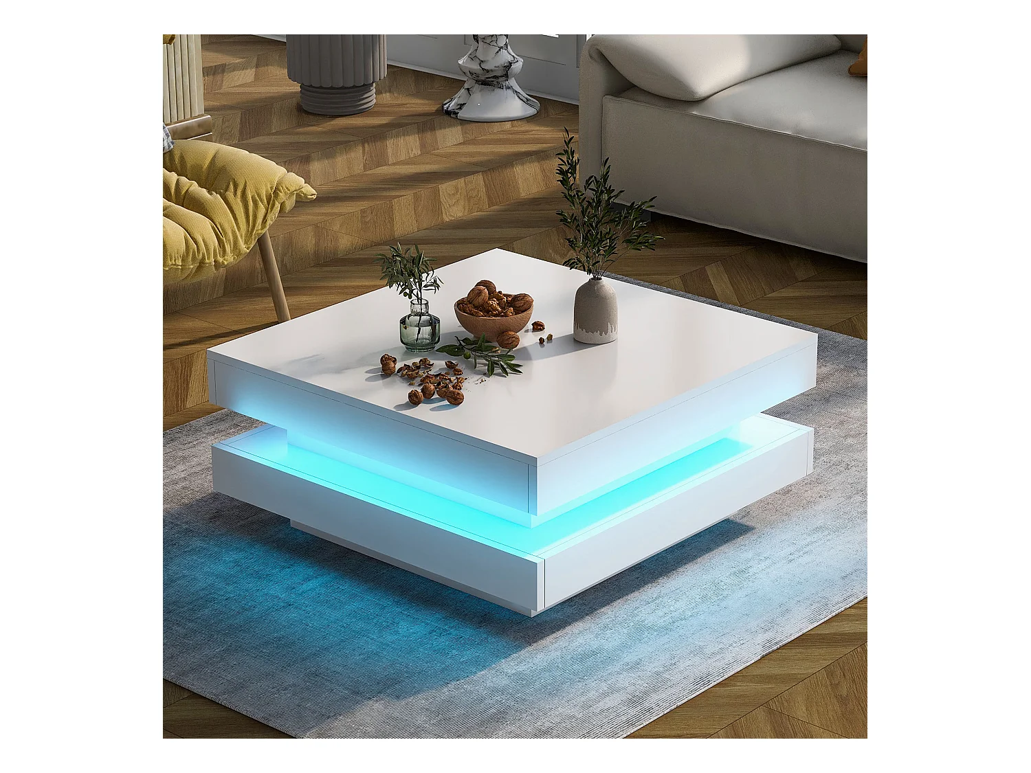 Table basse carrée laquée blanche avec plateau pivotant - Style moderne techno avec lumière LED 16 couleurs
