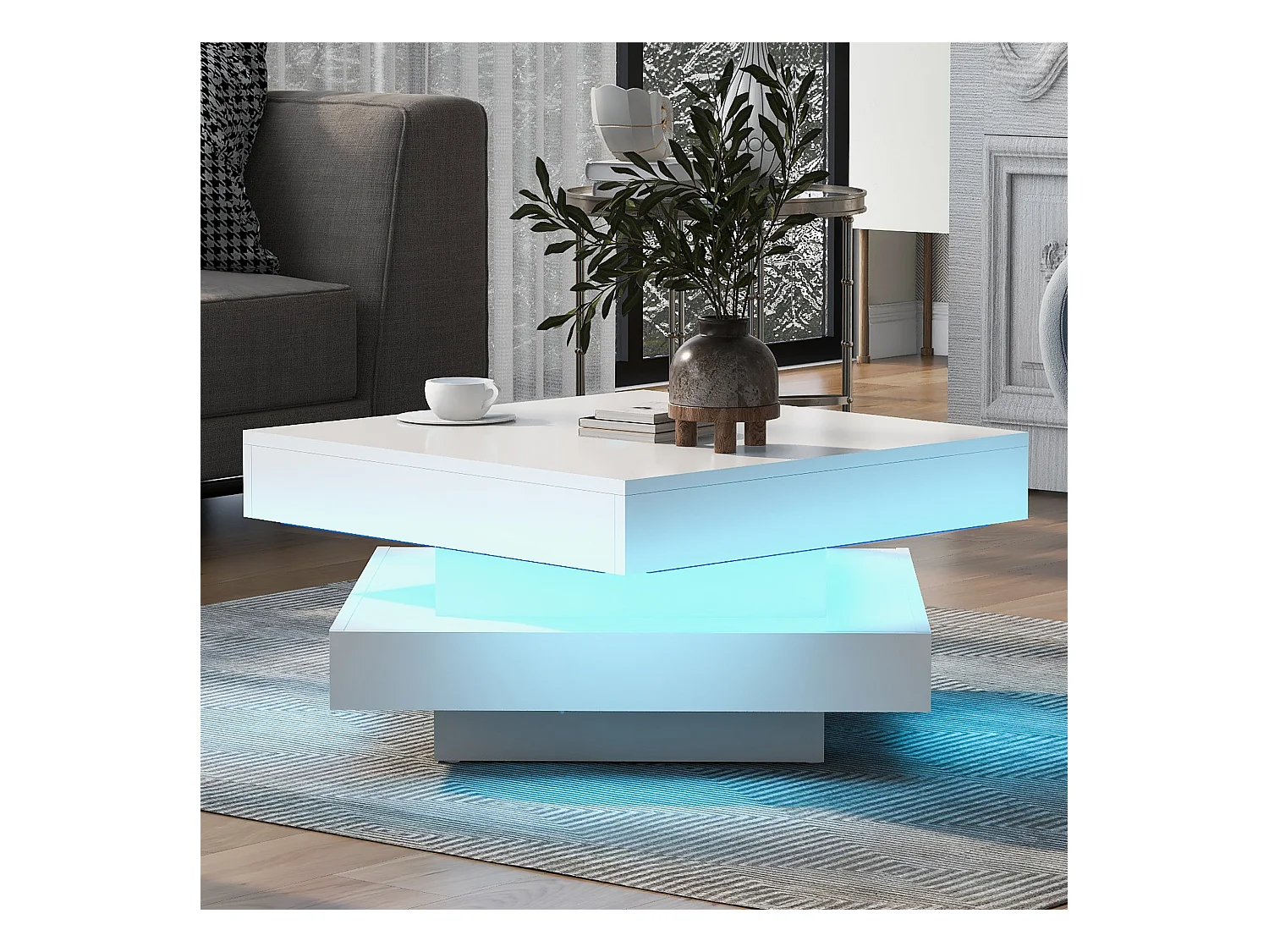 Table basse carrée laquée blanche avec plateau pivotant - Style moderne techno avec lumière LED 16 couleurs