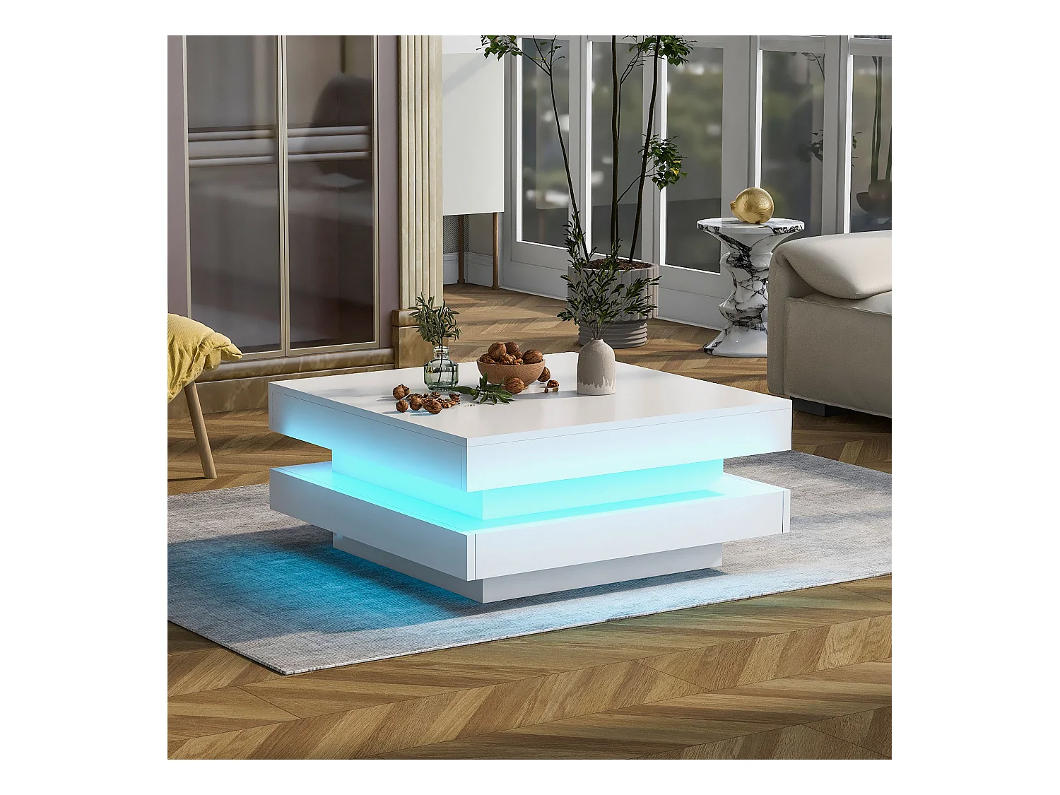 Table basse carrée laquée blanche avec plateau pivotant - Style moderne techno avec lumière LED 16 couleurs