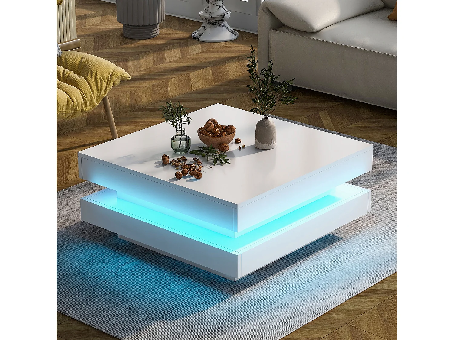 Table basse carrée laquée blanche avec plateau pivotant - Style moderne techno avec lumière LED 16 couleurs