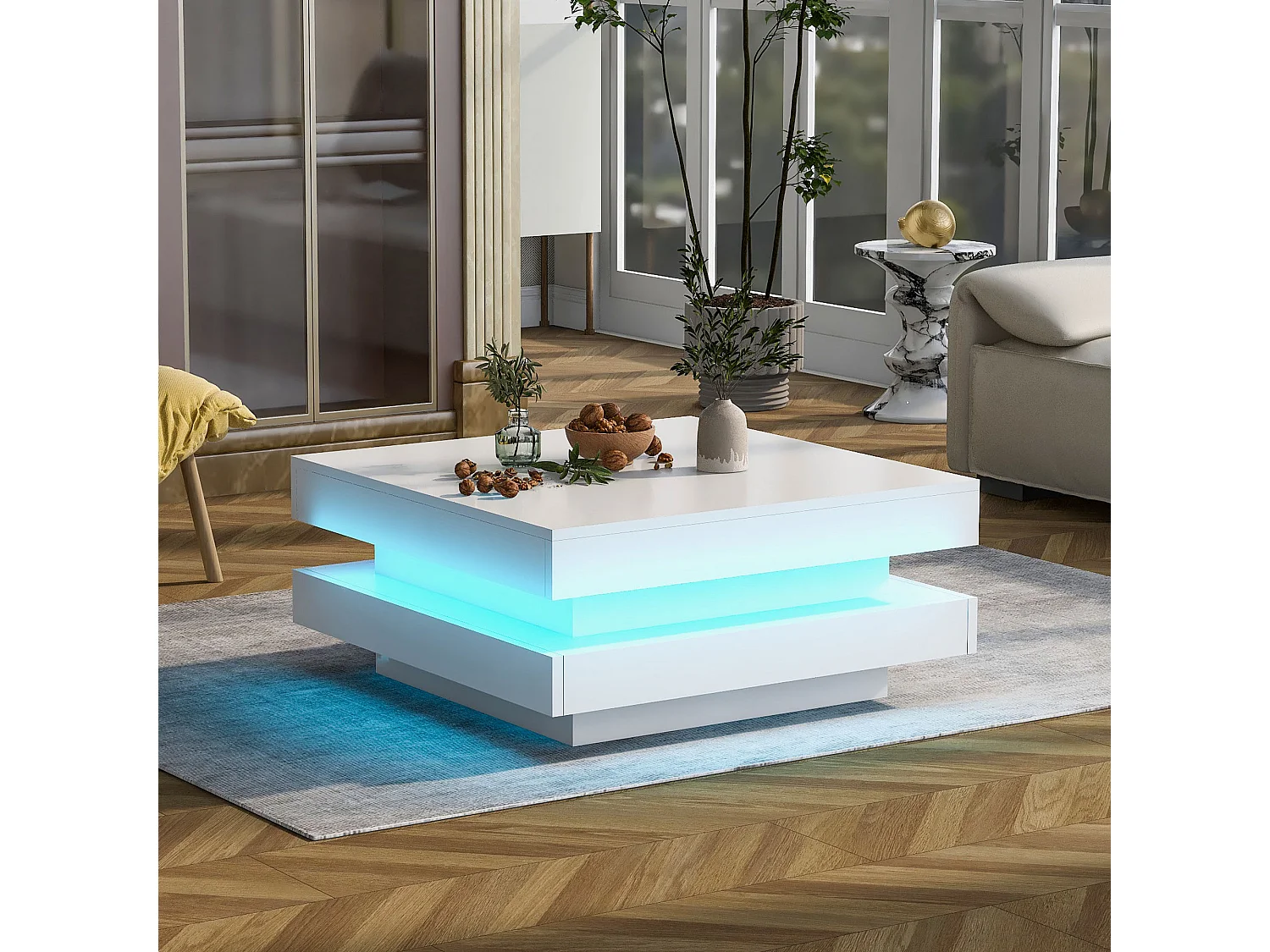 Table basse carrée laquée blanche avec plateau pivotant - Style moderne techno avec lumière LED 16 couleurs
