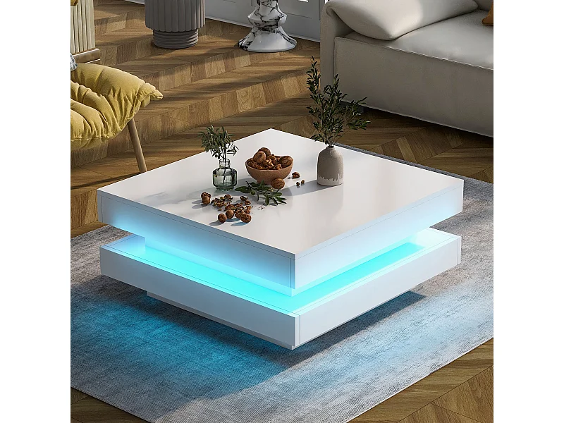 Table basse carrée laquée blanche avec plateau pivotant - Style moderne techno avec lumière LED 16 couleurs