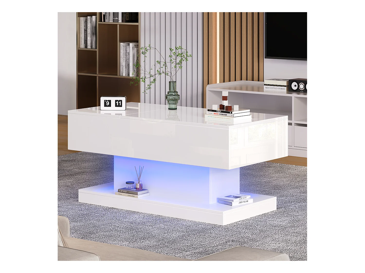 Table basse laquée avec levage hydraulique et éclairage LED – Design avec plateau semi-relevable et rangement intégré