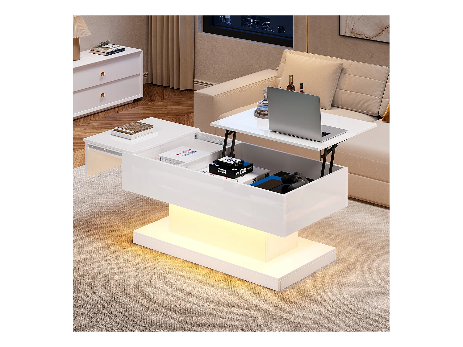 Table basse laquée avec levage hydraulique et éclairage LED – Design avec plateau semi-relevable et rangement intégré