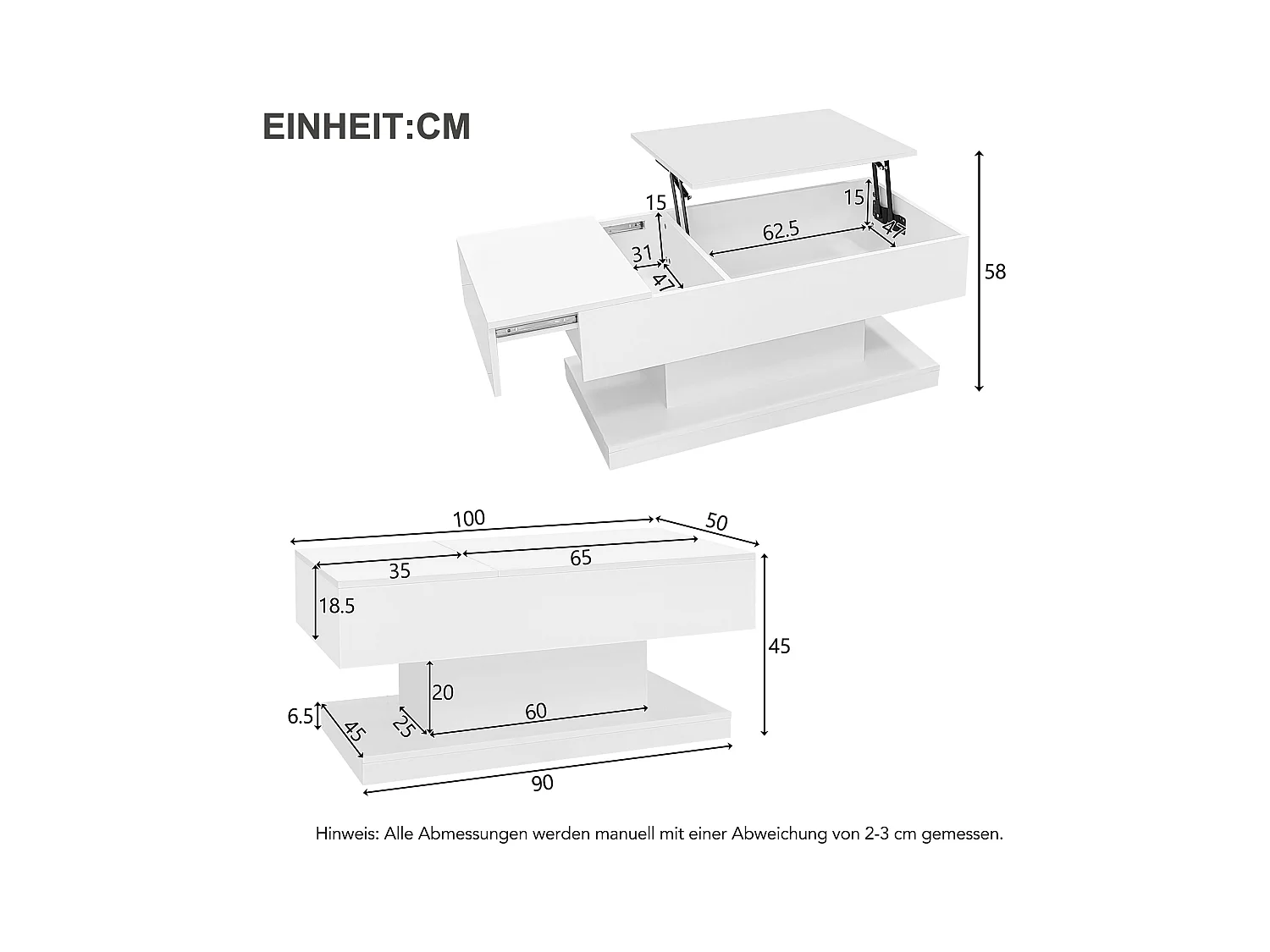 Table basse laquée avec levage hydraulique et éclairage LED – Design avec plateau semi-relevable et rangement intégré
