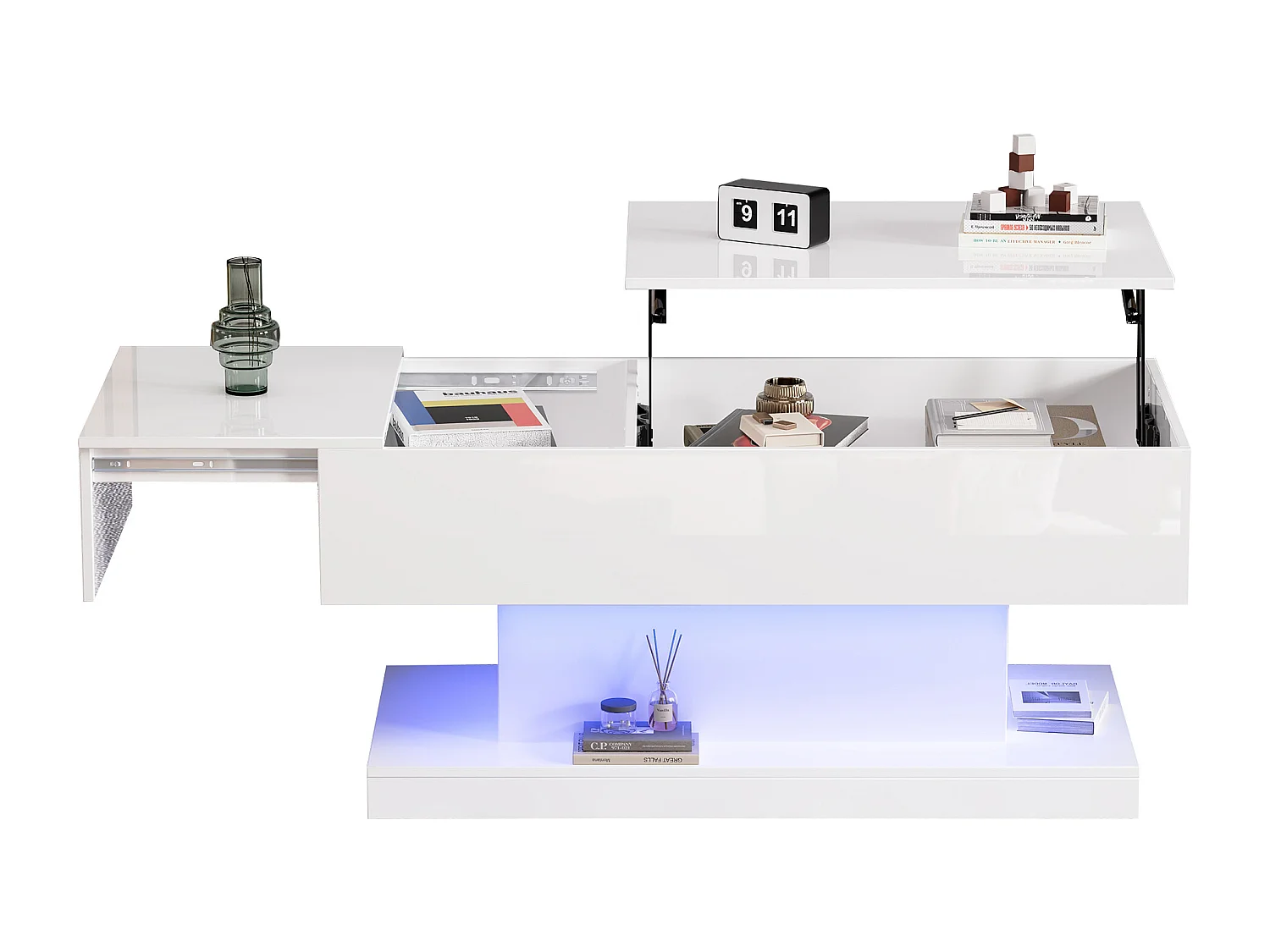 Table basse laquée avec levage hydraulique et éclairage LED – Design avec plateau semi-relevable et rangement intégré